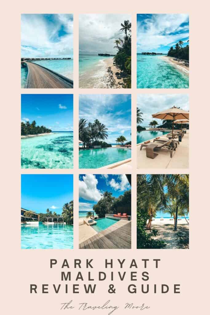 promotional pinterest image with grid of photos of the park hyatt maldives resort 