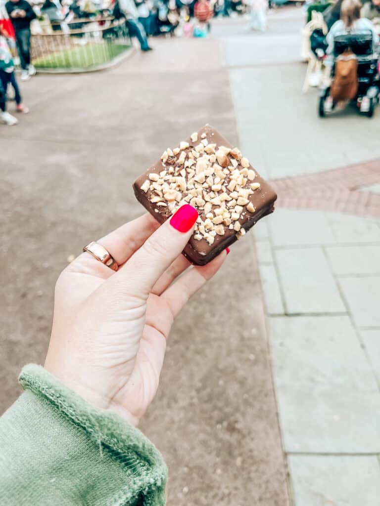 A hand with bright pink nails holds a square peanut butter sandwich coated in chocolate and topped with crushed nuts