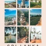A collage titled 'Sri Lanka 1-Week Itinerary' by The Traveling Moore, featuring nine photos of scenic views including a lighthouse, a couple posing with hills in the background, a waterfall, tea fields, a statue by a pond, a forest path, and palm trees by the ocean.