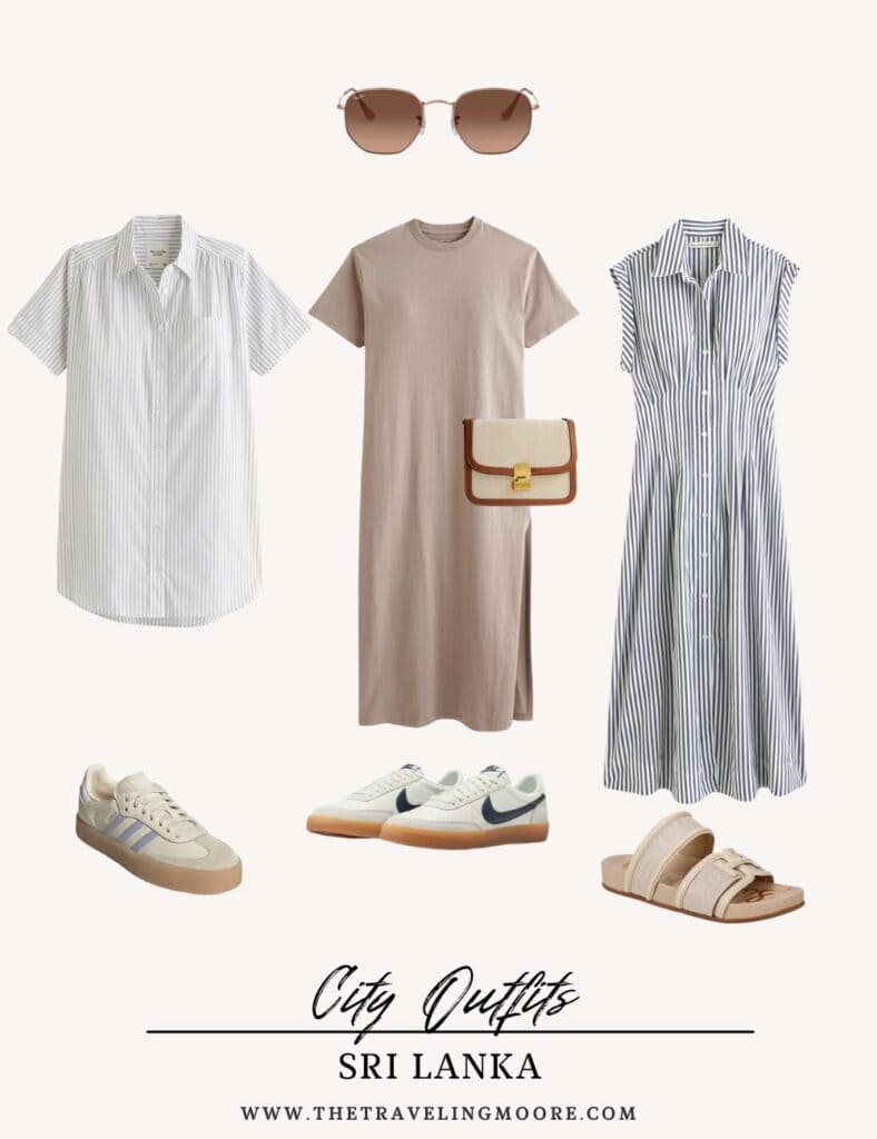 Collection of city outfits for Sri Lanka, including a striped short-sleeve shirt dress, a beige t-shirt dress, and a blue-and-white striped sleeveless dress. Accessories include brown sunglasses, a beige crossbody bag, beige sandals, white sneakers with blue accents, and beige sneakers with light blue stripes