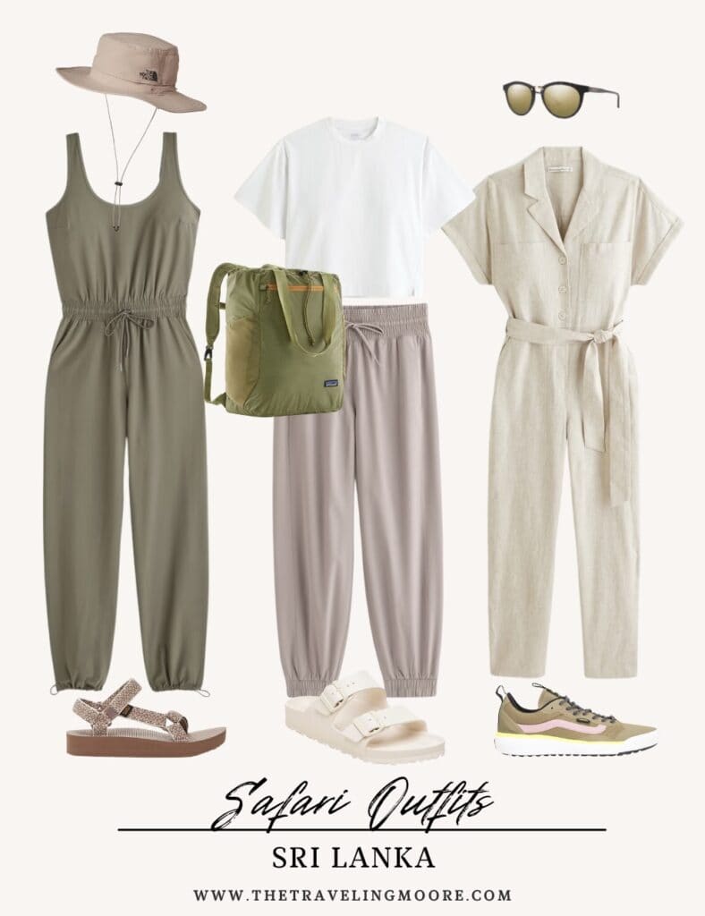 Selection of safari outfits for Sri Lanka featuring an olive green jumpsuit, a white t-shirt with beige drawstring pants, and a beige belted jumpsuit. Accessories include a beige sunhat, olive green backpack, black sunglasses, beige sandals, white slip-on sandals, and beige-and-green sneakers.