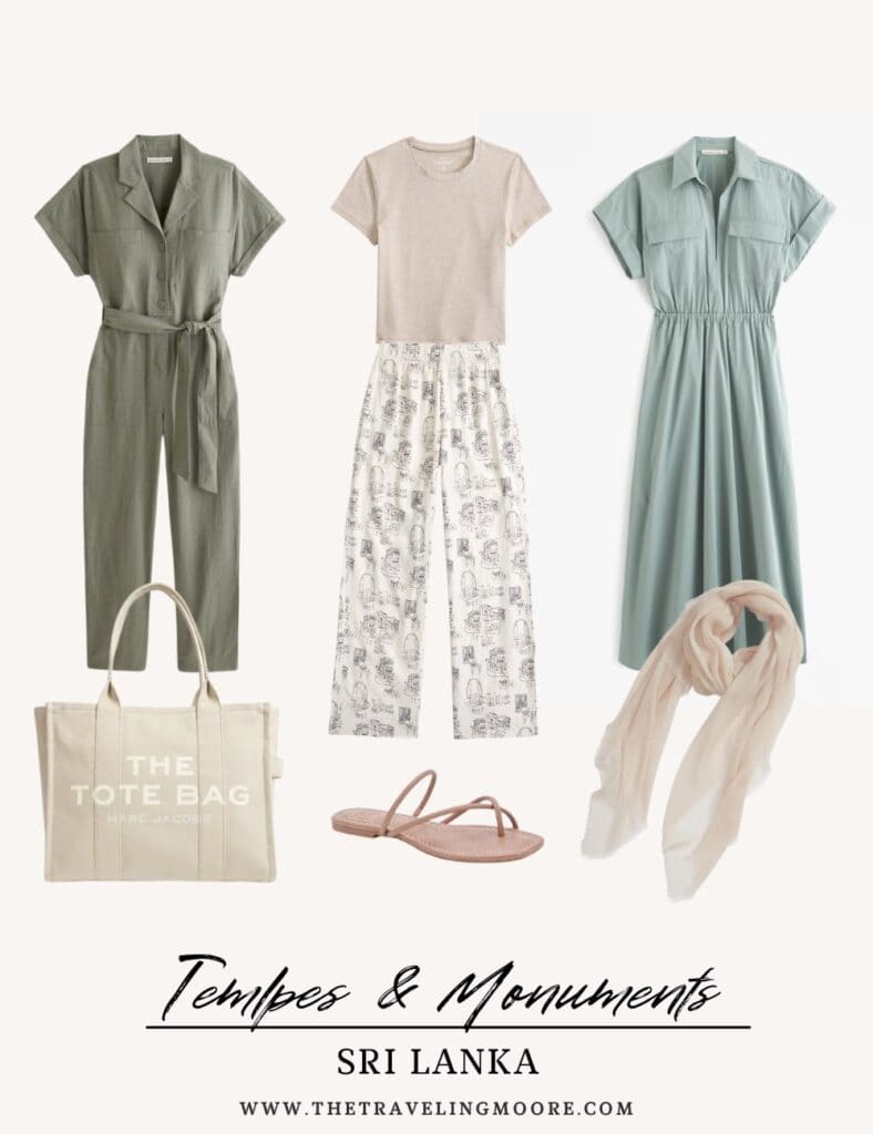 Temple and monument outfit ideas for Sri Lanka showcasing a green belted jumpsuit, a beige t-shirt with white printed wide-leg pants, and a light green short-sleeve dress. Accessories include a beige tote bag, light pink sandals, and a light beige scarf.