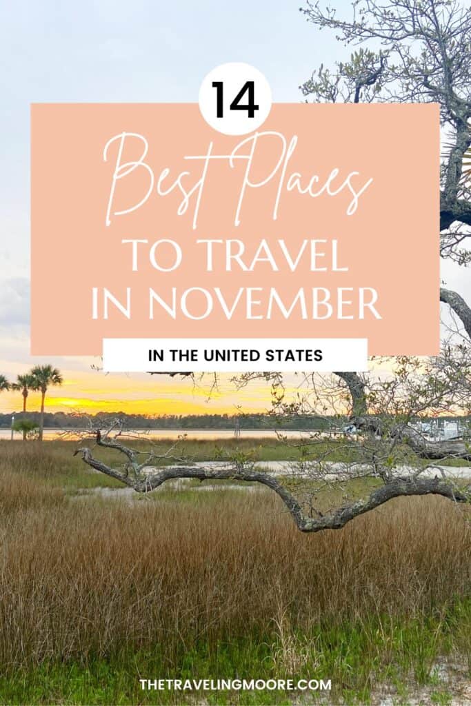 A travel guide cover image titled "14 Best Places to Travel in November in the United States" from The Traveling Moore. The background features a serene marshland at sunset with a gnarled tree branch, enhancing the inviting and peaceful theme of travel destinations.