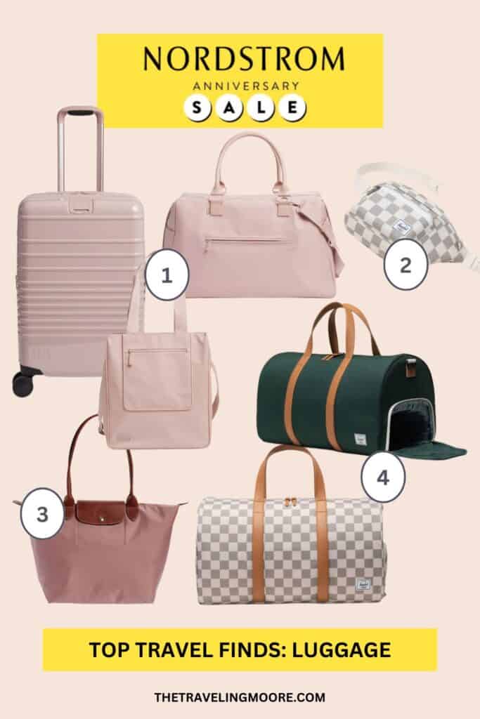 Nordstrom Anniversary Sale banner with a yellow background. Featured items: a set of pastel pink luggage including a roller suitcase, tote, and weekender bag labeled as '1,' a checkered white and gray fanny pack labeled as '2,' a pink tote bag labeled as '3,' and two duffel bags, one dark green with brown straps and the other checkered white and gray labeled as '4.'