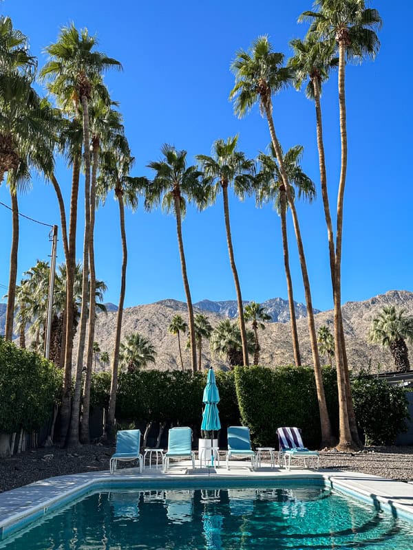 A refreshing swimming pool in Palm Springs, California, surrounded by tall palm trees and lounge chairs under a clear blue sky. The backdrop of the rugged mountains adds to the relaxing and picturesque desert oasis ambiance.