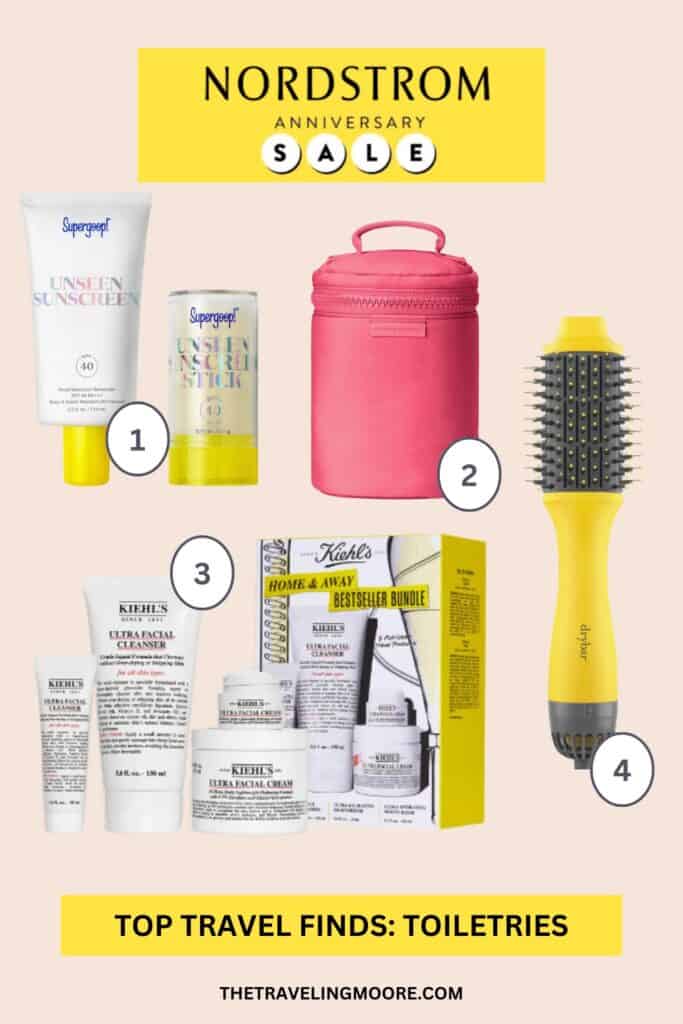 Nordstrom Anniversary Sale banner with a yellow background. Featured items: Supergoop sunscreen and sunscreen stick labeled as '1,' a pink toiletry bag labeled as '2,' a Kiehl's skincare travel set labeled as '3,' and a yellow Drybar hairbrush labeled as '4.'