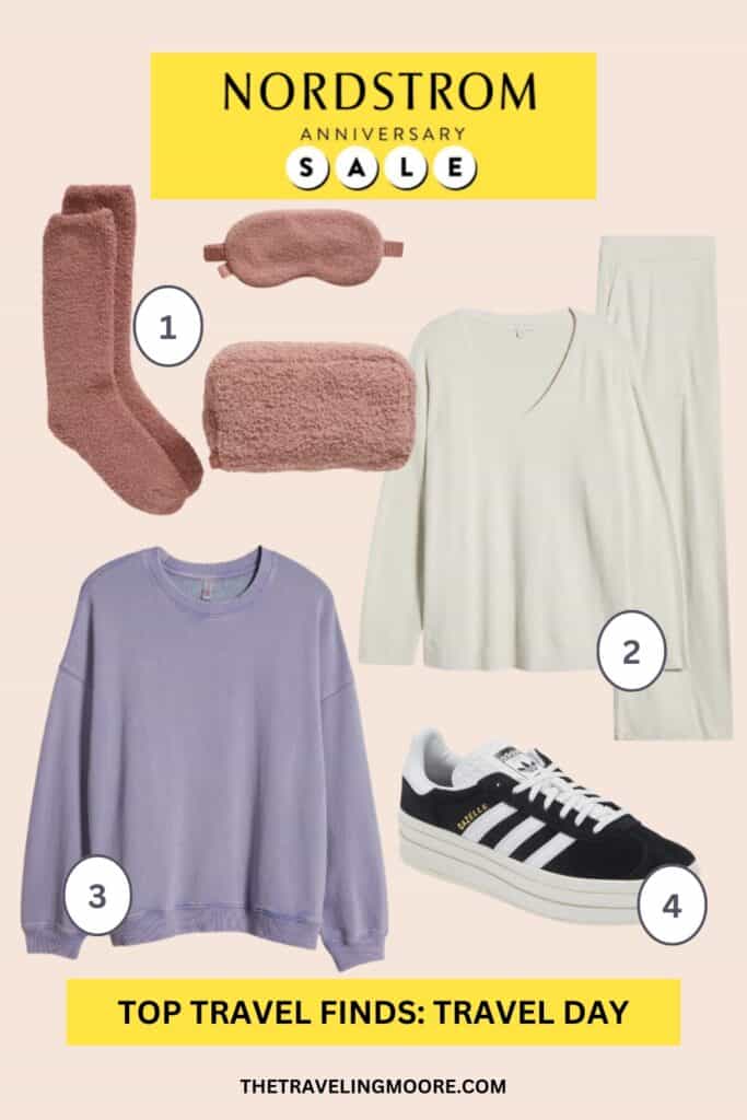 Nordstrom Anniversary Sale banner with a yellow background. Featured items: a pair of fuzzy pink socks and matching sleep mask labeled as '1,' an ivory long-sleeve top and matching pants labeled as '2,' a lavender sweatshirt labeled as '3,' and a pair of black and white Adidas Gazelle sneakers labeled as '4.' 