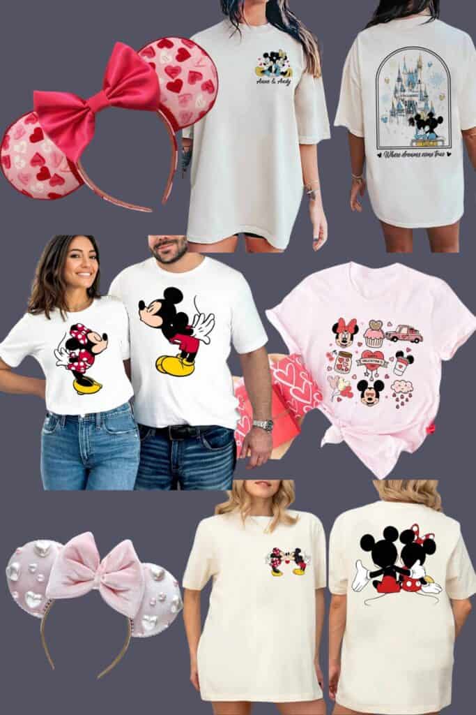 A collage of various Valentine's Day-themed Disney outfits. Includes a white oversized T-shirt with Mickey and Minnie holding hands, a pink T-shirt with Minnie Mouse and Valentine's themed icons, and a white T-shirt with Minnie Mouse blowing a kiss. Also features pink and red sequined Minnie Mouse ear headbands.