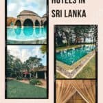 A promotional graphic featuring the text "9 Top Luxury Hotels in Sri Lanka" alongside a collage of images. The images include a dome-shaped luxury hotel pool, a lush garden with a red umbrella, an outdoor swimming pool surrounded by trees, and a cozy bed with a canopy.