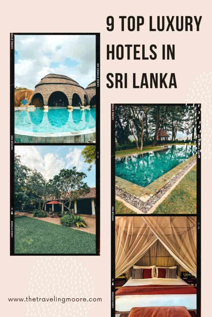 A promotional graphic featuring the text "9 Top Luxury Hotels in Sri Lanka" alongside a collage of images. The images include a dome-shaped luxury hotel pool, a lush garden with a red umbrella, an outdoor swimming pool surrounded by trees, and a cozy bed with a canopy. 