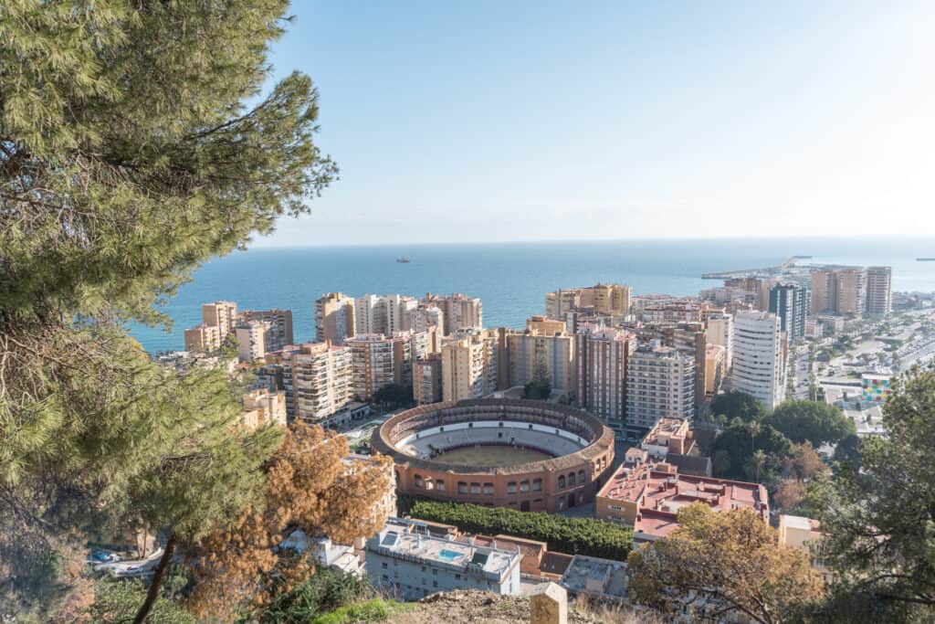 This image shows a panoramic view of Málaga, Spain, with a focus on the city's iconic bullring, Plaza de Toros, surrounded by modern apartment buildings. In the background, the calm blue waters of the Mediterranean Sea stretch out to the horizon, while a few ships are visible in the distance. The green trees in the foreground frame the scene, adding a natural element to the urban and coastal landscape. The bright and clear weather highlights the beauty of this vibrant Mediterranean city.