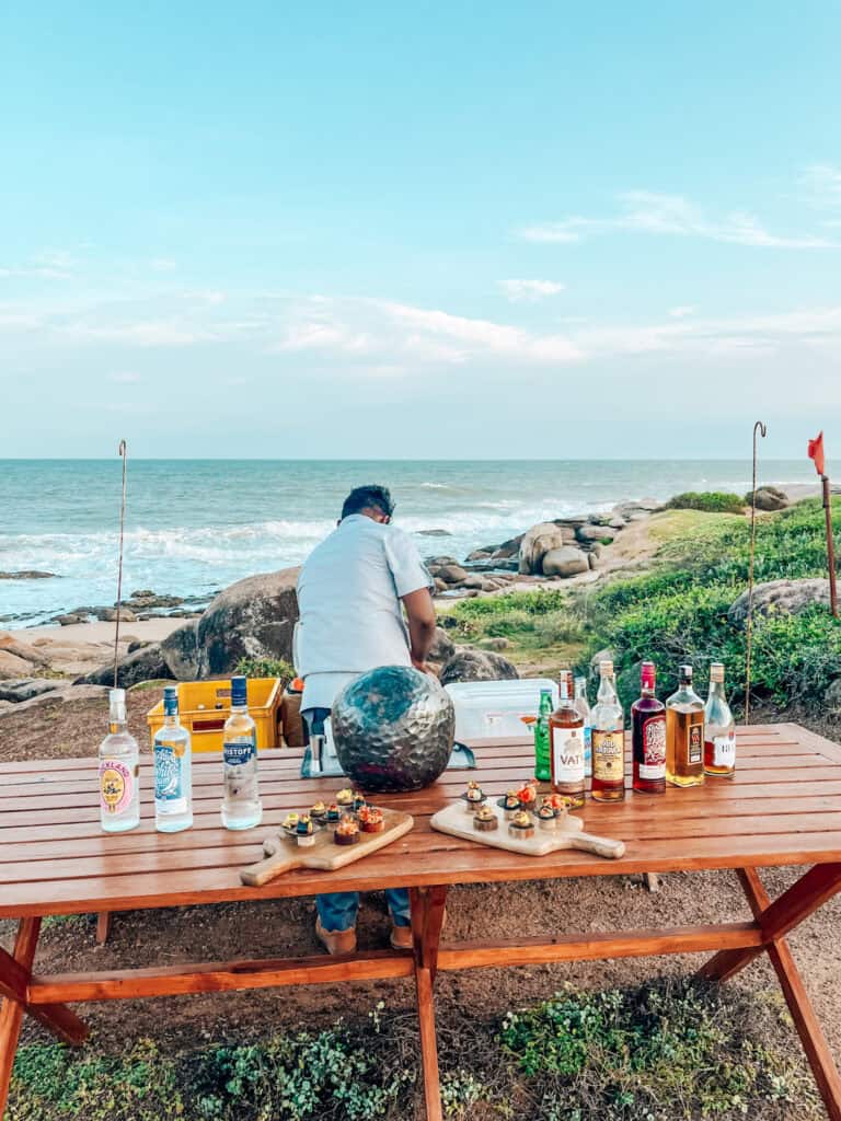 A bartender prepares drinks at a wooden outdoor table set up near the ocean, with bottles of gin, whiskey, and vodka displayed alongside appetizers. The blue ocean and clear sky create a serene and scenic backdrop.