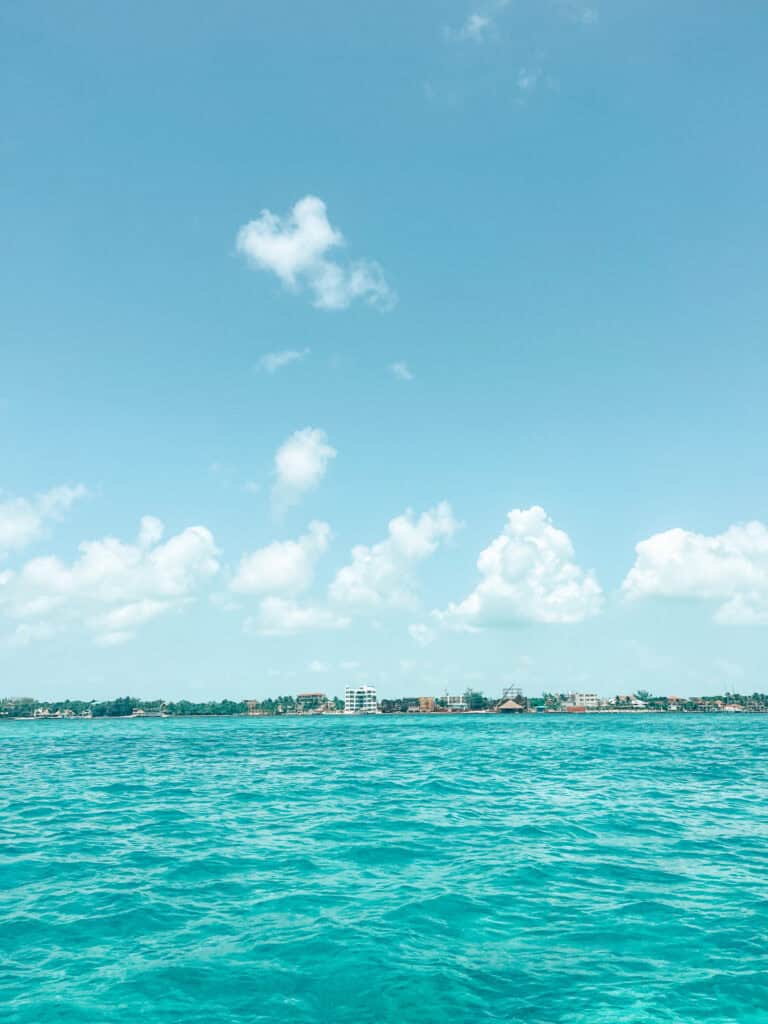 A view of the turquoise ocean with gentle waves under a clear blue sky, dotted with a few scattered clouds. In the distance, a coastal town with various buildings and palm trees lines the horizon, adding a hint of civilization to the serene seascape.