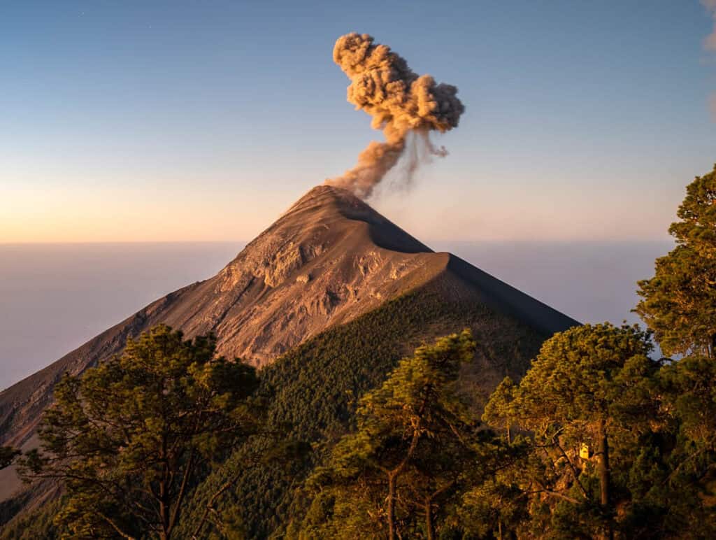 This image shows an erupting volcano, likely Volcán de Fuego in Guatemala, releasing a plume of ash and smoke into the sky. The sun casts a warm golden light over the rugged, steep slopes of the volcano, contrasting with the dense forest of green trees in the foreground. The peaceful atmosphere of the surrounding landscape is juxtaposed with the dramatic and active volcanic eruption, capturing the raw power of nature. The clear sky and distant horizon suggest this moment is taking place early in the morning or at sunset.