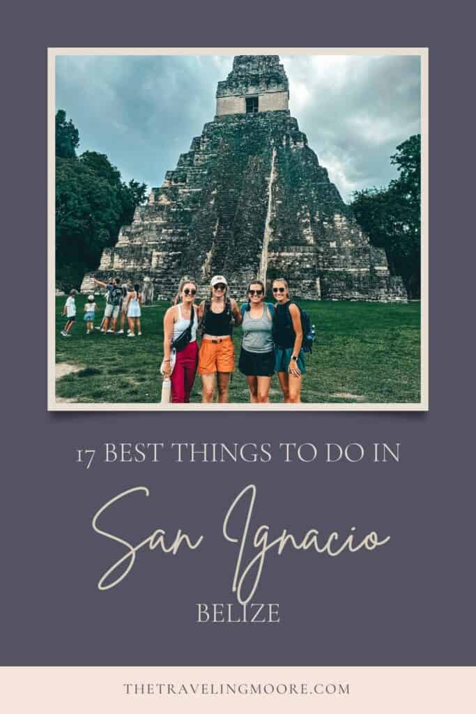 A group of friends stands in front of an ancient stone temple, posing for a photo at Tikal, Guatemala, under cloudy skies. The image is framed within a purple graphic titled 