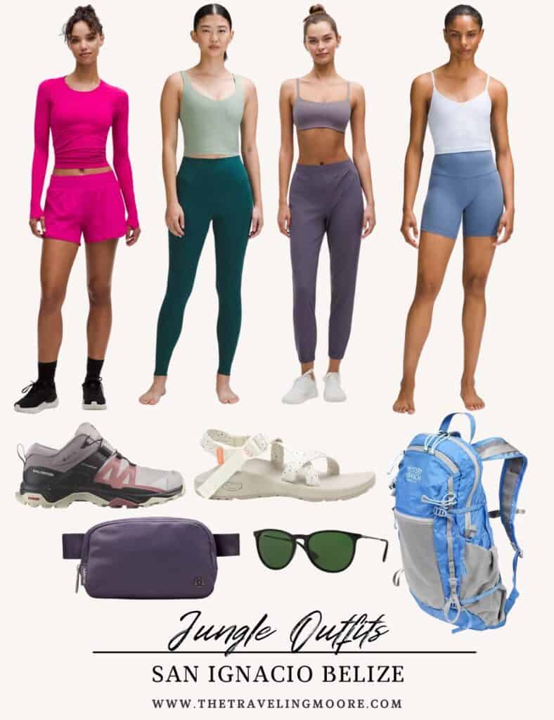 This image is a collage titled "Jungle Outfits - San Ignacio, Belize" featuring activewear and gear suitable for jungle adventures. The outfits include vibrant and functional pieces like a fuchsia long-sleeve shirt with matching shorts, green leggings with a tank top, a mauve crop top with joggers, and a white tank top paired with blue biker shorts. Accessories and footwear include trail-running shoes, Chaco sandals, a purple belt bag, polarized sunglasses, and a light blue hiking backpack, ideal for trekking and exploring. The website "www.thetravelingmoore.com" is noted at the bottom for additional context.