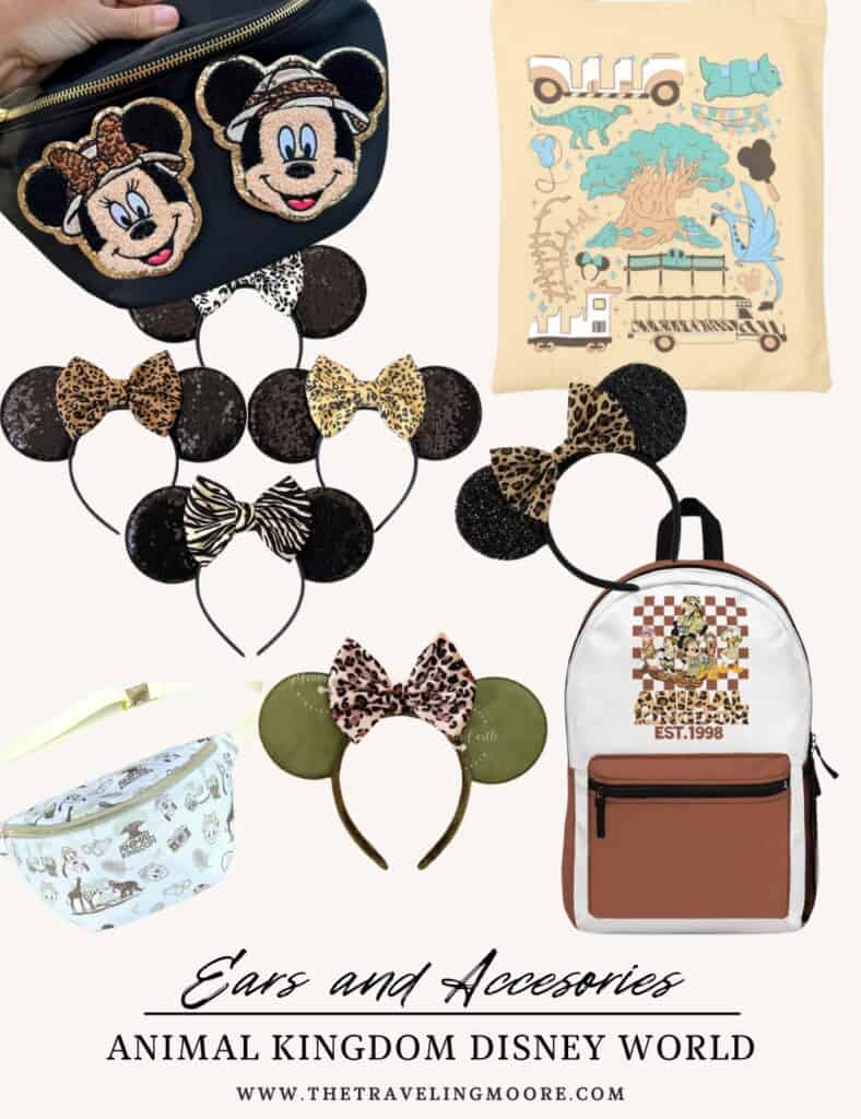 Animal Kingdom-themed accessories, including Mickey and Minnie safari ears, leopard print bags, and a safari backpack. Perfect additions to Disney World outfits for an Animal Kingdom visit