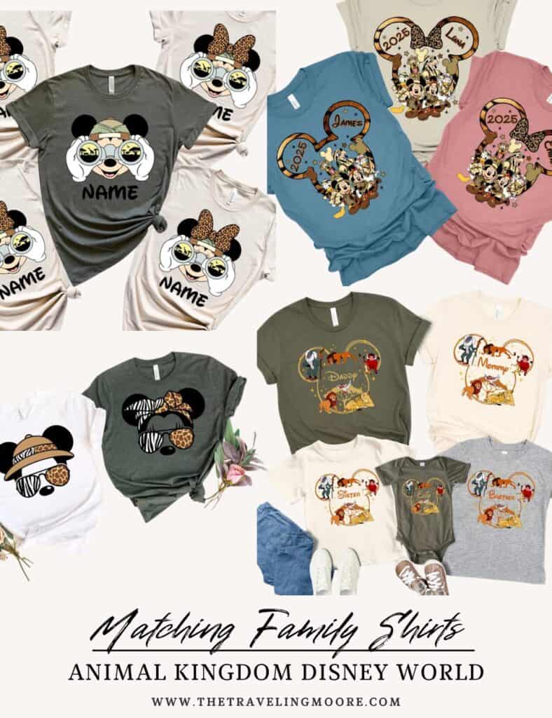 Collection of matching family shirts with safari and Animal Kingdom themes, including Mickey Mouse and Minnie Mouse designs, customizable names, and dates. Perfect Disney World outfits for coordinating family looks at Animal Kingdom