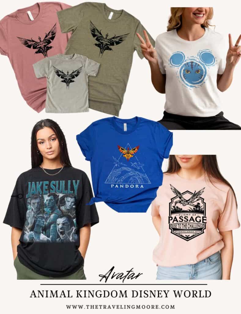 Assorted Avatar-themed shirts, featuring Pandora designs, Flight of Passage logos, and Jake Sully graphics. Ideal outfit ideas for fans of Avatar visiting Disney World’s Animal Kingdom.