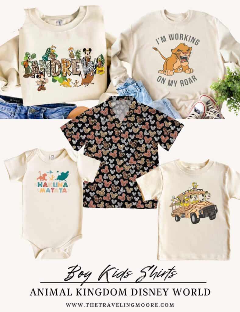 Animal Kingdom-inspired shirts for boys, showcasing Lion King characters, safari prints, and Hakuna Matata designs. Great Disney World outfit options for kids exploring Animal Kingdom.