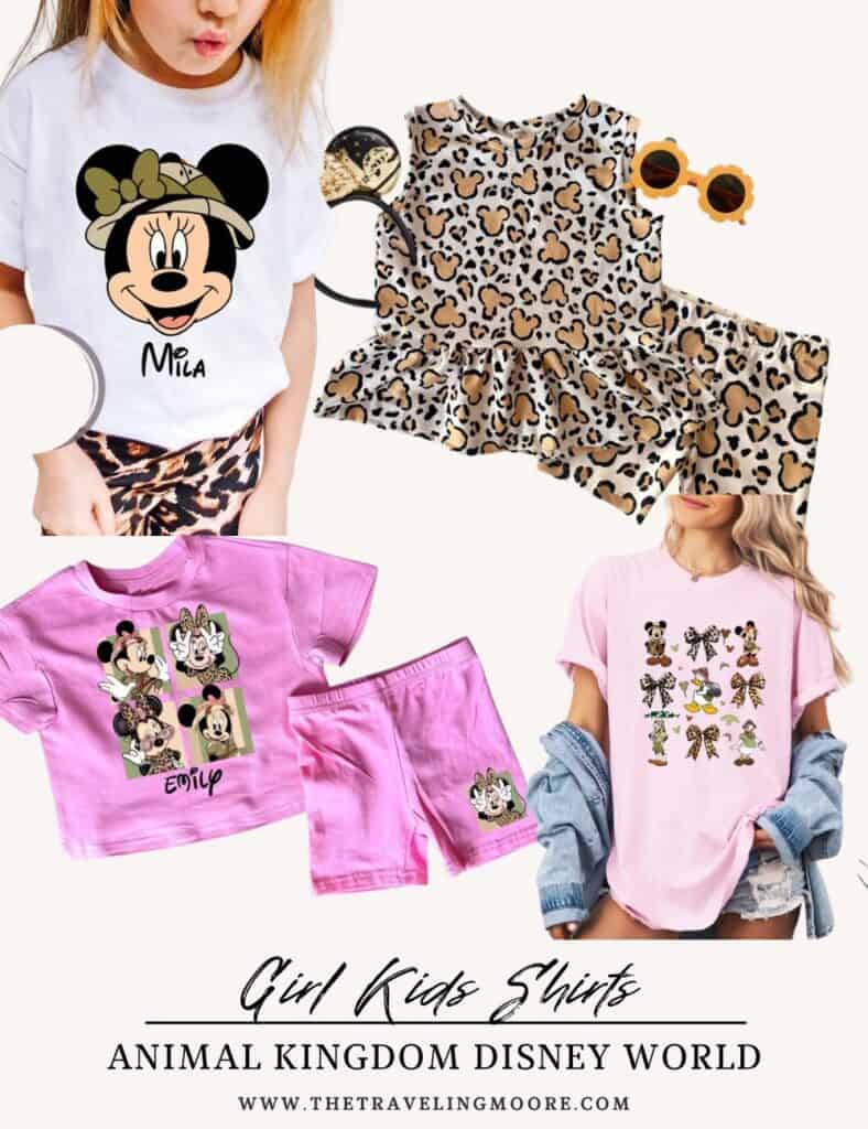 Adorable girls’ Animal Kingdom outfits, including Minnie Mouse shirts, leopard print dresses, and safari-themed sets. Cute and comfy Disney World outfits for girls visiting Animal Kingdom