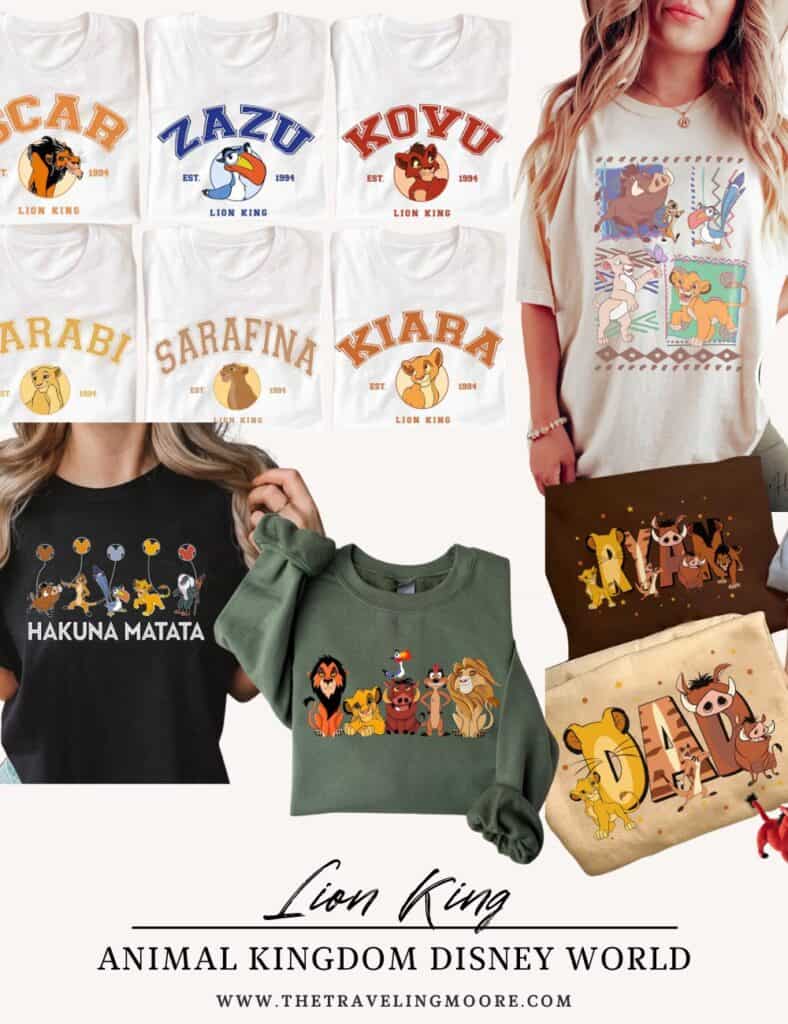 Lion King-themed shirts featuring characters like Simba, Timon, and Scar, with vibrant designs and quotes like ‘Hakuna Matata.’ Stylish Disney World outfit options for fans of Lion King at Animal Kingdom.