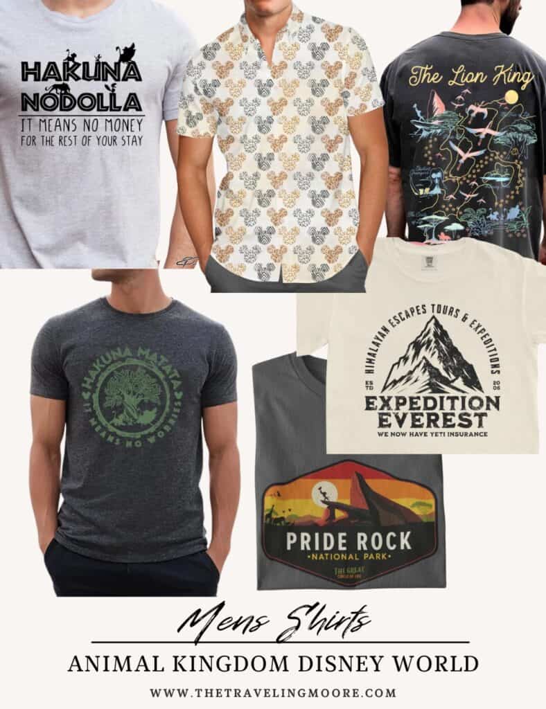 Animal Kingdom men’s shirts, including Expedition Everest, Hakuna Matata, and Pride Rock designs. Casual and adventurous Disney World outfit ideas for men visiting Animal Kingdom.