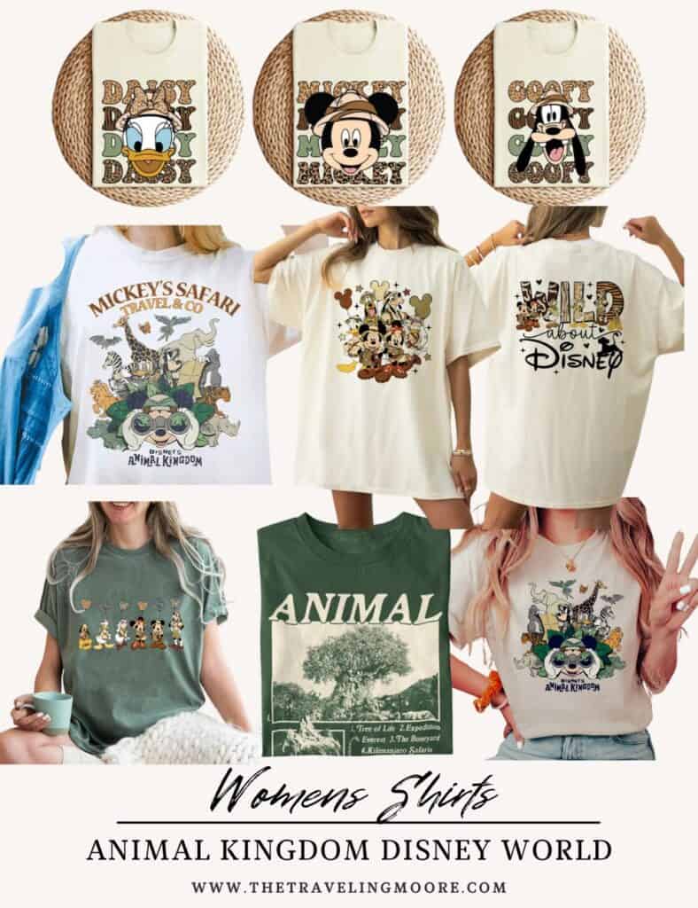 Women’s Animal Kingdom shirts featuring safari themes, Disney characters, and Mickey’s Safari Travel designs. Stylish and comfortable Disney World outfits for women at Animal Kingdom.