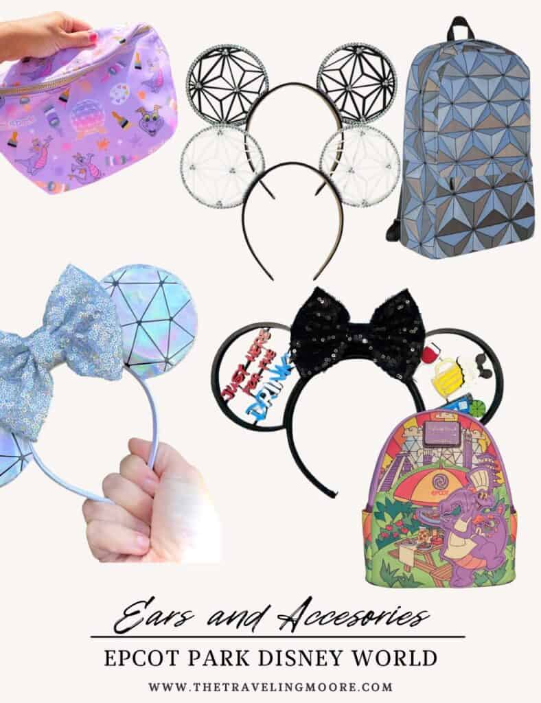 Epcot-themed accessories including Spaceship Earth backpacks, sparkly Minnie ears, and Figment-inspired pouches. Perfect for cute outfit ideas for Disney fans heading to Epcot.