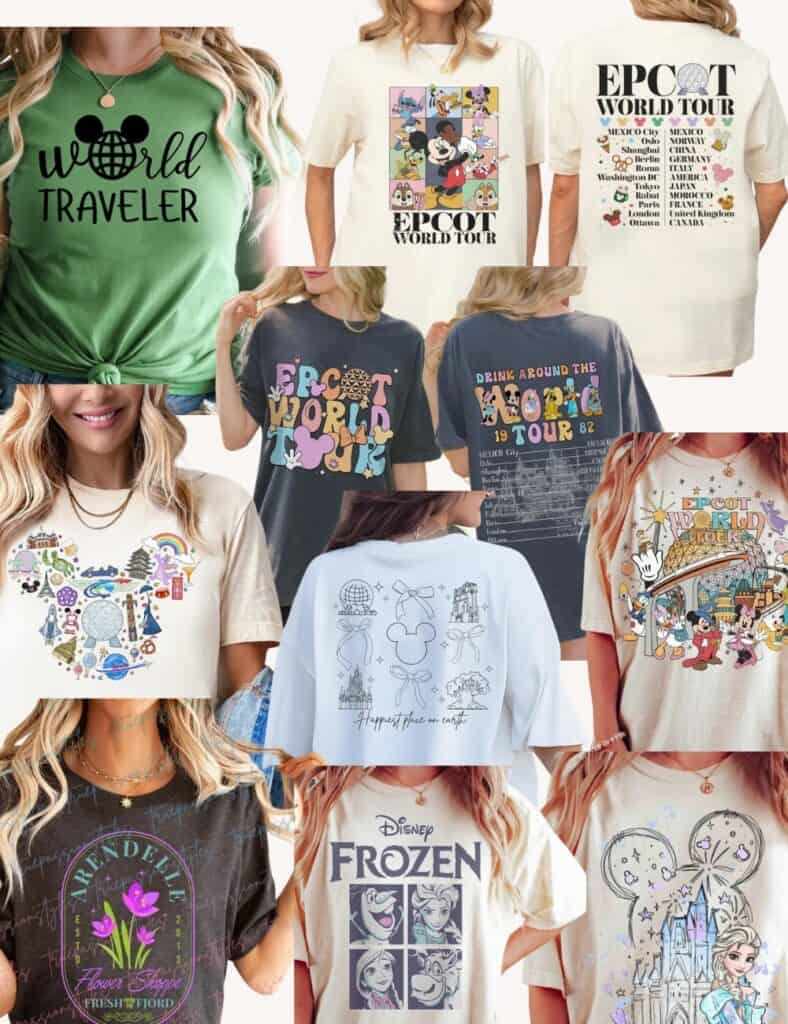 collage of Epcot outfit inspiration, including shirts for men, women, kids, and accessories. Perfect ideas for planning what to wear for a family trip to Disney World.