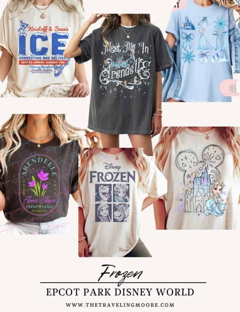 Disney Frozen-inspired shirts for women, featuring Elsa, Anna, and Arendelle designs. Cute outfit ideas for a Disney World day at Epcot.