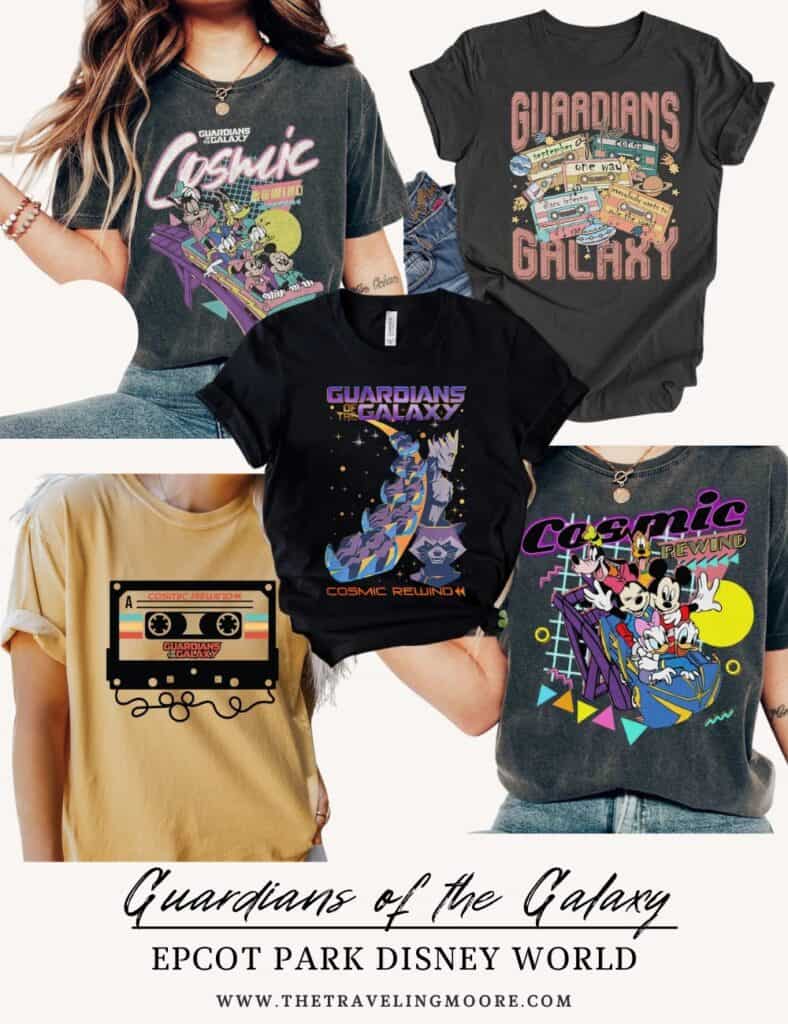 A mix of Guardians of the Galaxy shirts with Cosmic Rewind designs and retro cassette graphics. Fun ideas for themed Epcot outfits at Disney World.