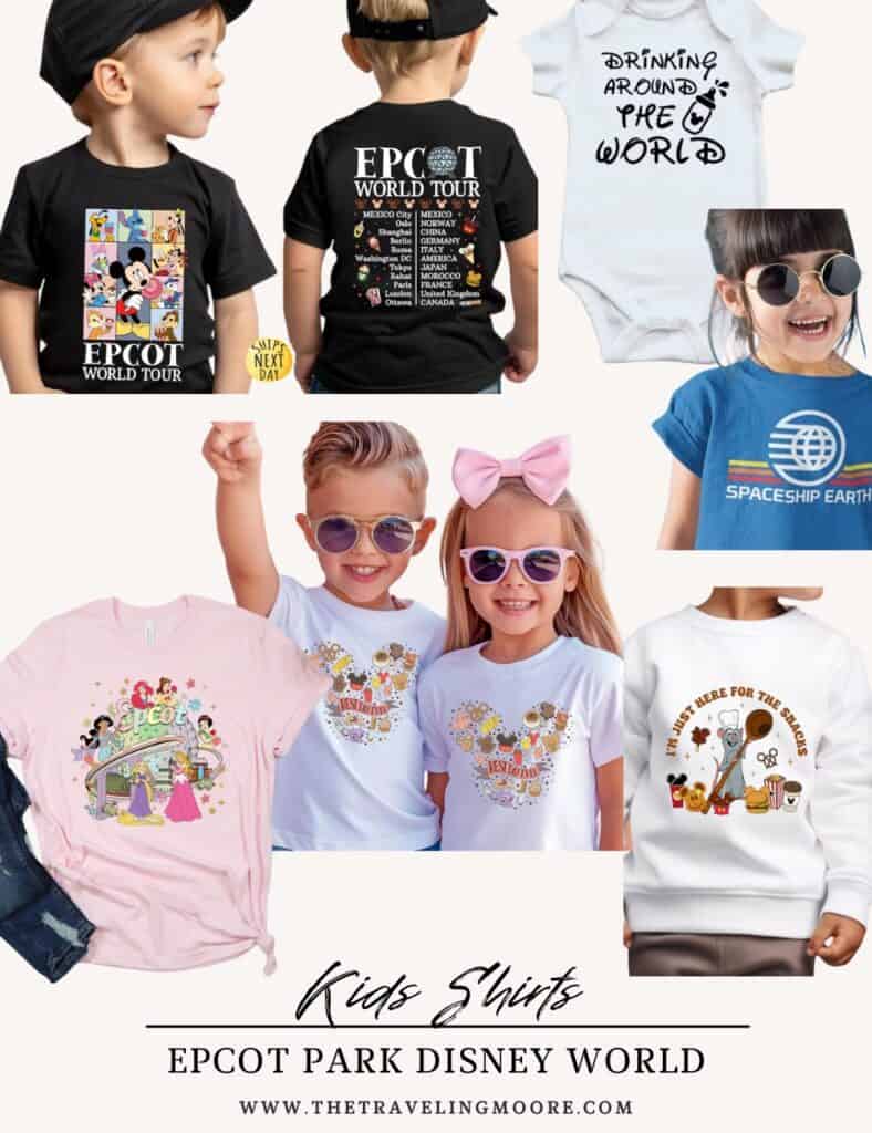 Adorable Disney shirts for kids, including Epcot World Tour designs, princess themes, and toddler-friendly outfits. Great ideas for what to wear for kids at Disney World.