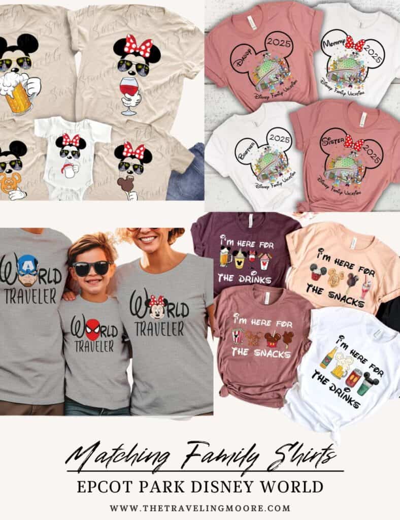 Matching family shirts with Mickey and Minnie designs, Epcot World Tour, and cute snack-themed options. Perfect outfit ideas for Disney families visiting Epcot at Disney World.