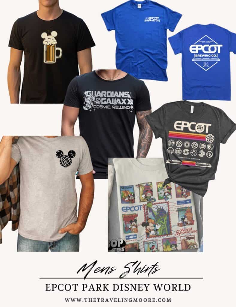 A collection of men’s Disney-themed shirts perfect for Epcot outfits, featuring designs like Mickey beer mugs, Guardians of the Galaxy, and retro Epcot logos. Great ideas for cute and casual men’s outfits at Disney World.