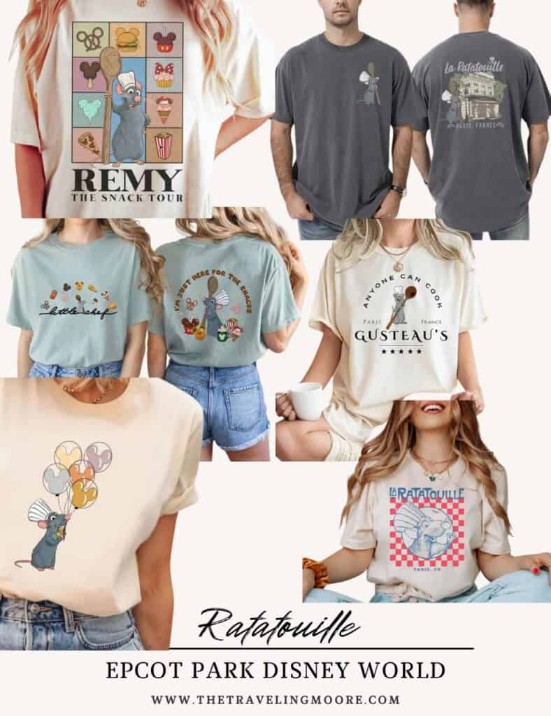 Disney Ratatouille-themed shirts featuring Remy and fun foodie designs like "Snack Tour" and "Anyone Can Cook." Ideal for cute outfit ideas for women visiting Epcot at Disney World.