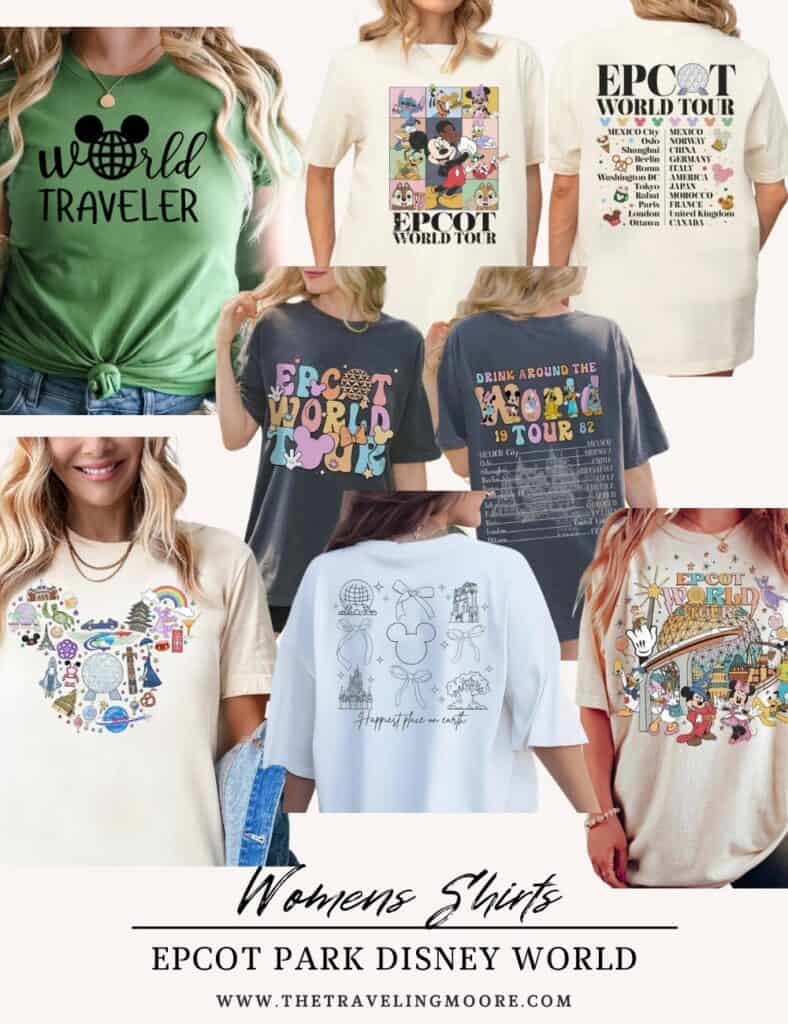 A variety of cute women’s Epcot shirts with designs like “World Traveler,” Mickey icons, and colorful graphics from the World Showcase. Perfect for Disney outfit ideas that are stylish and fun.