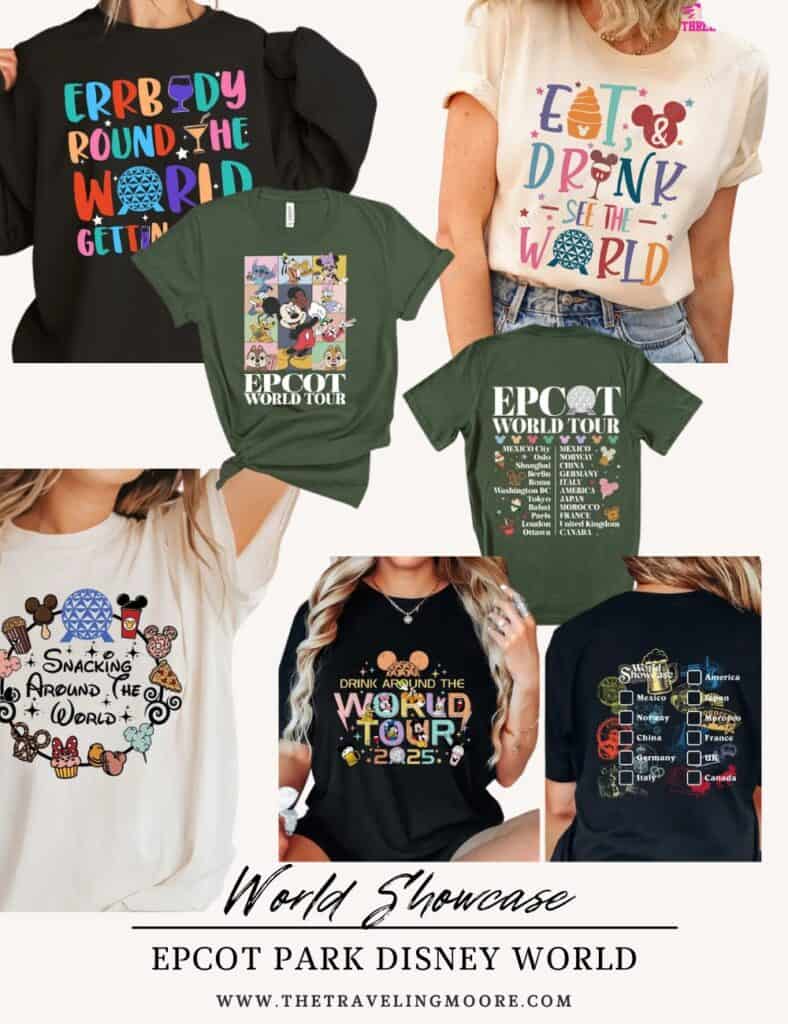 Stylish Epcot-themed shirts featuring “Drink Around the World,” World Tour, and “Snacking Around the World” designs. A great addition to family Disney World outfits or ideas for what to wear to Epcot.