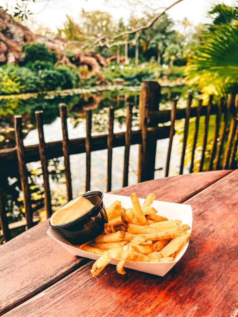 This image shows a serving of golden, seasoned fries in a white paper tray, accompanied by a small black cup of creamy dipping sauce. The tray is placed on a rustic wooden table with a scenic view of a pond, surrounded by lush greenery and a wooden fence in the background. The natural light adds a warm, inviting feel to the outdoor setting.