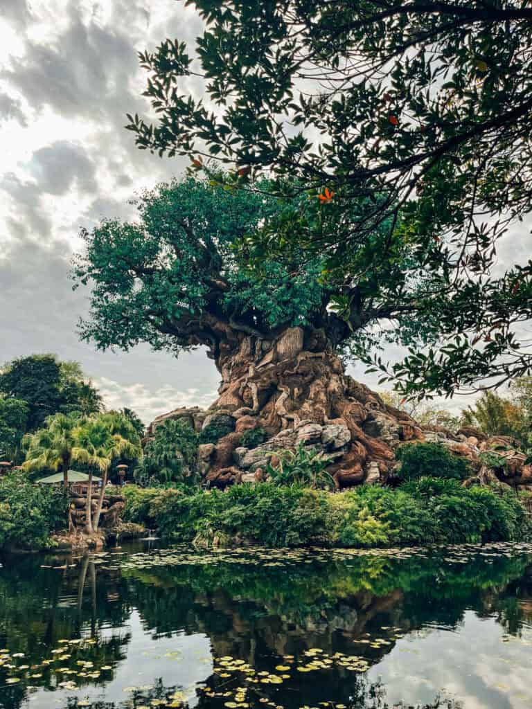 This image captures the iconic Tree of Life, a massive artificial tree with intricate carvings of animals on its trunk, surrounded by lush greenery. The tree is reflected in the calm, lily pad-covered water below, while branches from nearby trees frame the scene. The cloudy sky above adds a dramatic backdrop to this peaceful, nature-inspired setting.