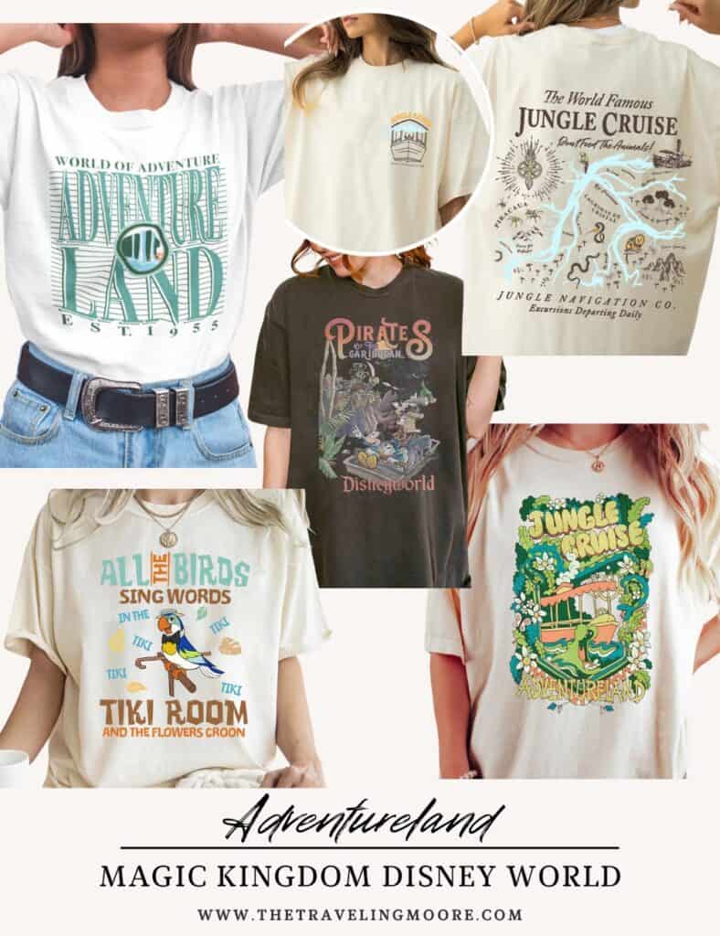 Adventureland-themed shirts inspired by Disney attractions like The Jungle Cruise, Pirates of the Caribbean, and The Enchanted Tiki Room. Some designs include vintage map prints and bold tropical graphics.