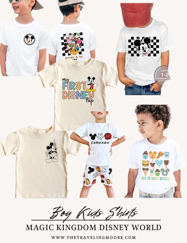 A selection of Disney-themed boys’ shirts featuring Mickey Mouse, checkered racing patterns, Disney snacks, and ‘My First Disney Trip’ designs. A young boy models a personalized Disney outfit with Mickey gloves and snacks printed on the shorts. The bottom text reads ‘Boy Kids Shirts, Magic Kingdom Disney World’