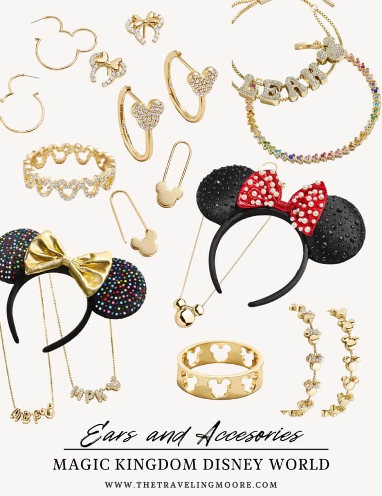 A collection of Disney-inspired jewelry and accessories, including gold and crystal-studded Mickey Mouse earrings, bow-shaped studs, charm bracelets, and dainty necklaces. Two Minnie Mouse ear headbands are included—one with a gold bow and multicolored rhinestones, and another with a pearl-studded red bow. 