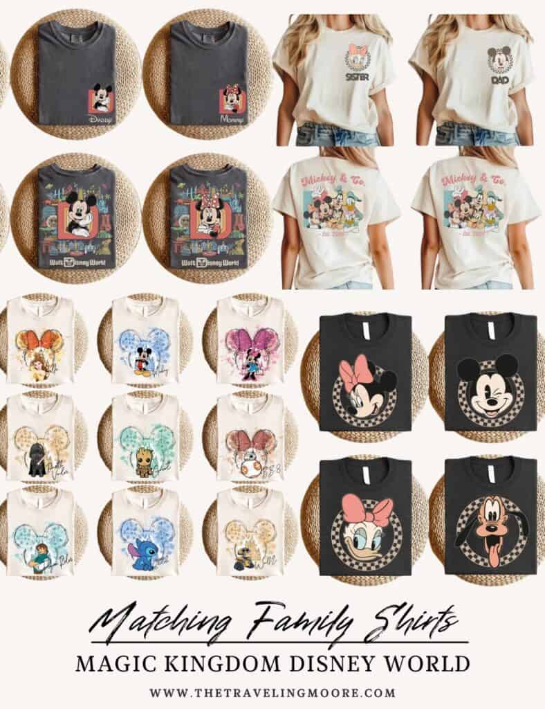 A collection of matching Disney-themed family shirts featuring Mickey and Minnie designs, customized with titles like ‘Mommy,’ ‘Daddy,’ and ‘Sister.’ Various styles include character prints, park-themed designs, and vintage Mickey & Co. graphics.