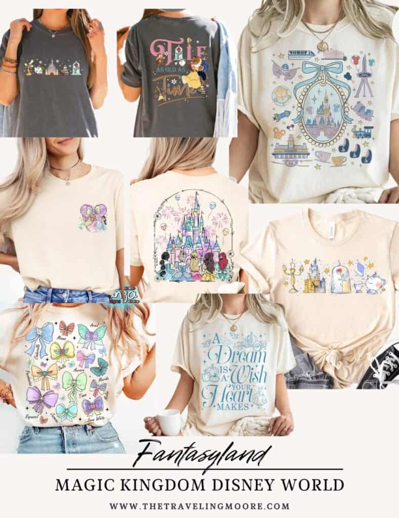 A collage of Fantasyland-inspired Disney shirts with designs featuring Cinderella’s castle, a ‘Dream is a Wish Your Heart Makes’ quote, and whimsical park elements like monorails and teacups. Other shirts display princess-themed bows and classic fairytale motifs.