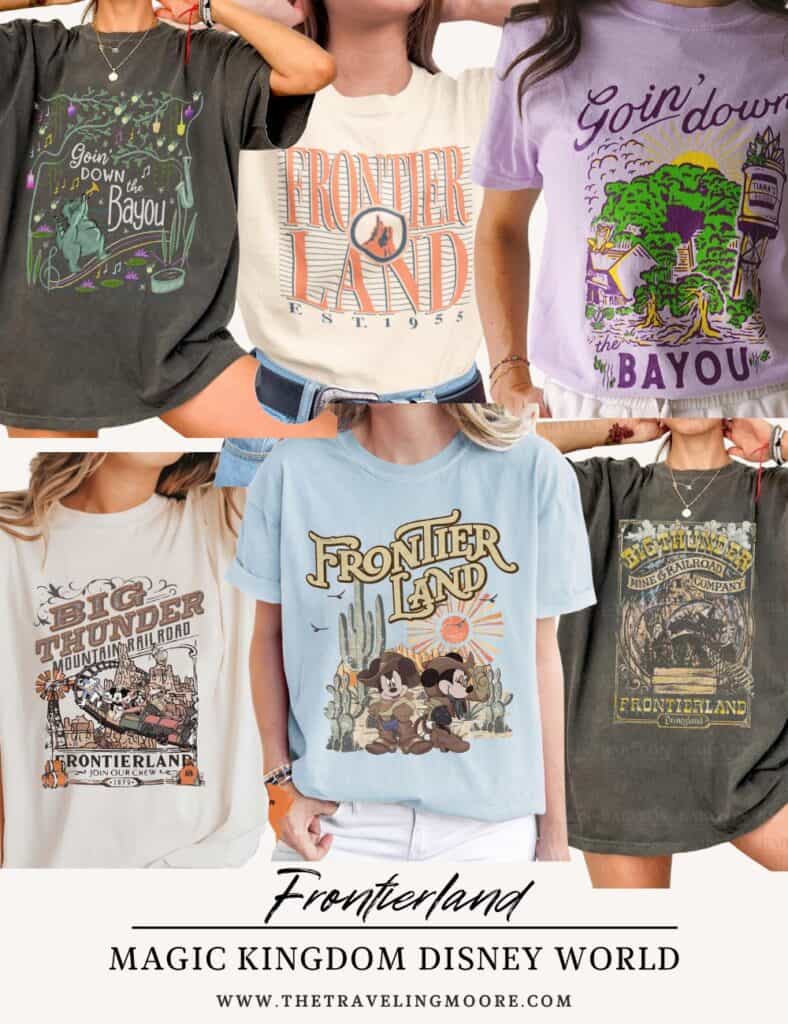 A selection of Frontierland-themed shirts inspired by Disney’s wild west attractions. Designs include ‘Big Thunder Mountain Railroad,’ Mickey and Minnie dressed as cowboys, and ‘Goin’ Down the Bayou’ referencing Tiana’s Bayou Adventure.