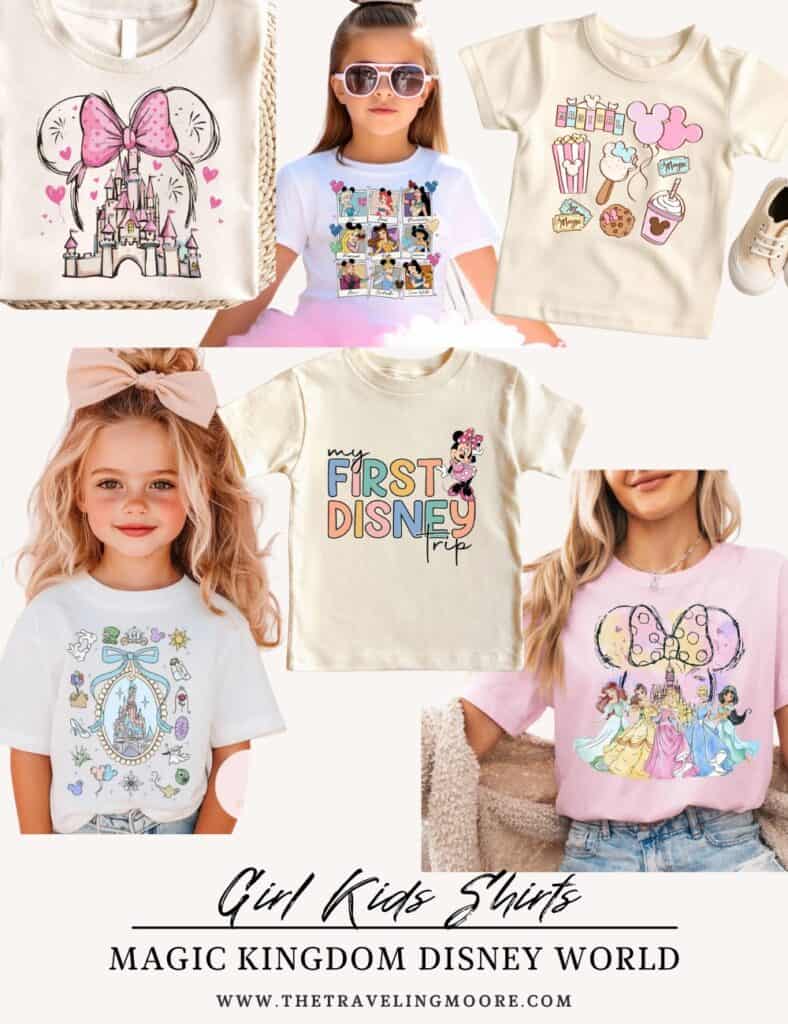 Disney-themed girls’ shirts with colorful designs featuring Cinderella’s castle with a Minnie bow, Disney princesses, and treats like popcorn and ice cream. One shirt says ‘My First Disney Trip’ with Minnie Mouse. A young girl models a shirt with magical park elements. The bottom text reads ‘Girl Kids Shirts, Magic Kingdom Disney World’