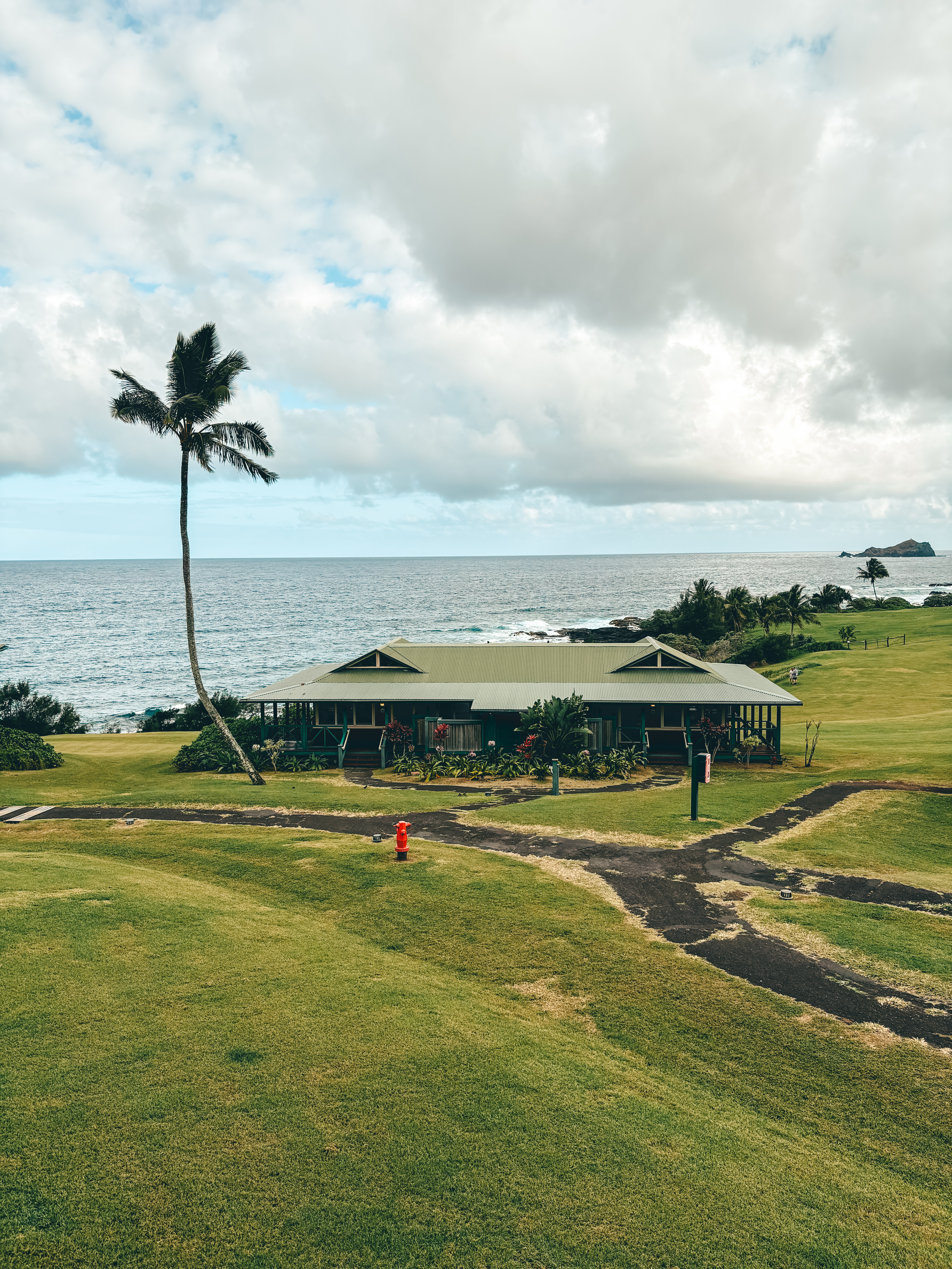 A serene oceanfront scene at the Hana-Maui Resort, featuring a green-roofed open-air building surrounded by lush grass and tropical landscaping. A single palm tree stands tall in the foreground, with a red fire hydrant near a paved walkway leading toward the structure. The deep blue ocean stretches to the horizon under a partly cloudy sky, with a small rocky island visible in the distance.