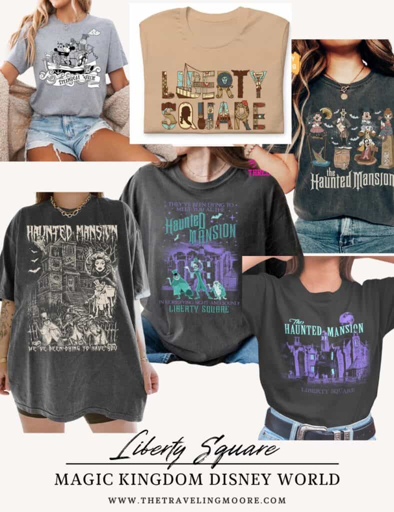 A collection of Liberty Square-themed shirts at Disney World, featuring designs from The Haunted Mansion, Steamboat Willie, and vintage typography with eerie, gothic elements. Some shirts have glow-in-the-dark details.