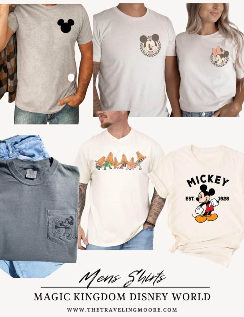 A selection of men’s Disney shirts, including minimalist Mickey Mouse designs, vintage Steamboat Willie embroidery, and classic park attractions. Some shirts feature a retro-style Mickey graphic or playful Disney-themed elements. The bottom text reads ‘Men’s Shirts, Magic Kingdom Disney World